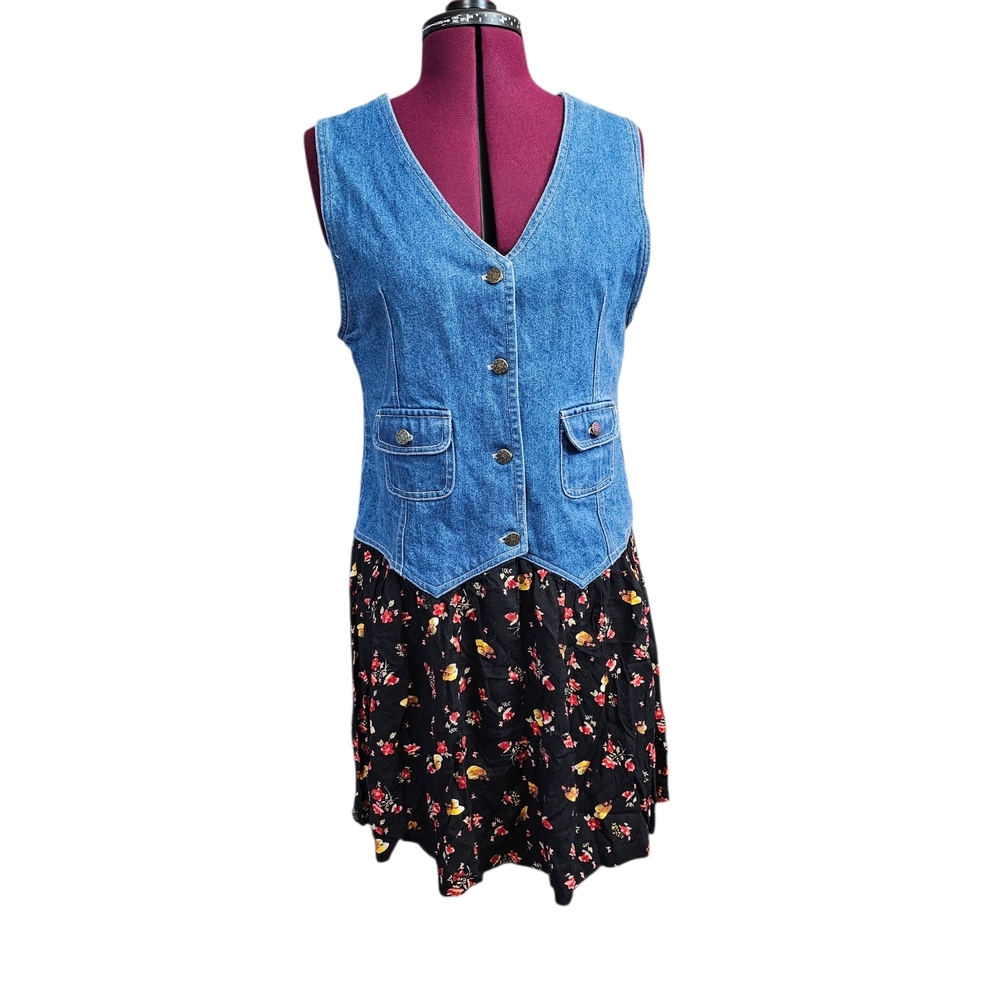 1990's Vinage Denim Vest Floral Dress